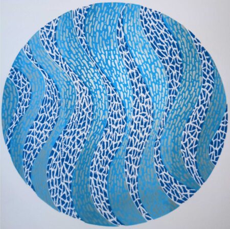 round artwork showing a circular print with blue watery shapes