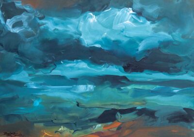 acrylic painting of sea and skywith lots of bold blue strokes