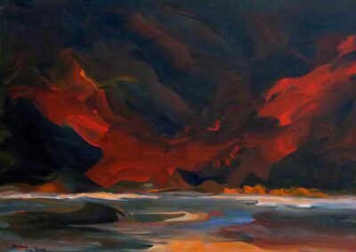 acrylic painting showing dark red gloomy sky over refelctive sea