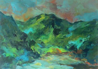 green and blue hills painting