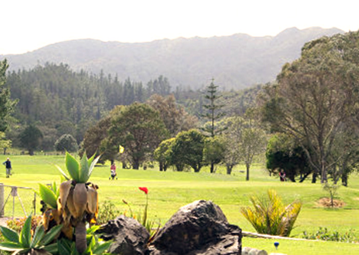 golf course with trees and hills in background