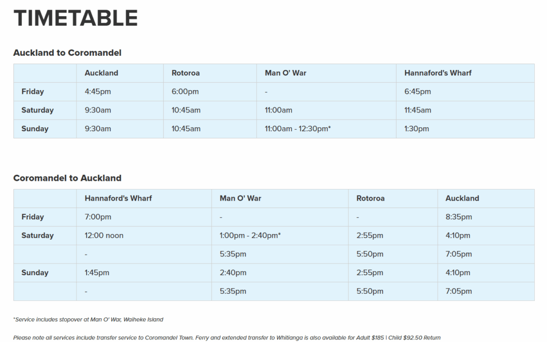Ferry Timetable for Explore Group Auckland to Coromandel & Return